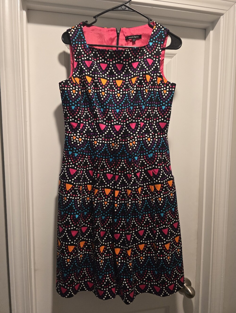 Nanette Lepore Black Midi Dress with Pink, Blue Accents, Pockets, Sz 8